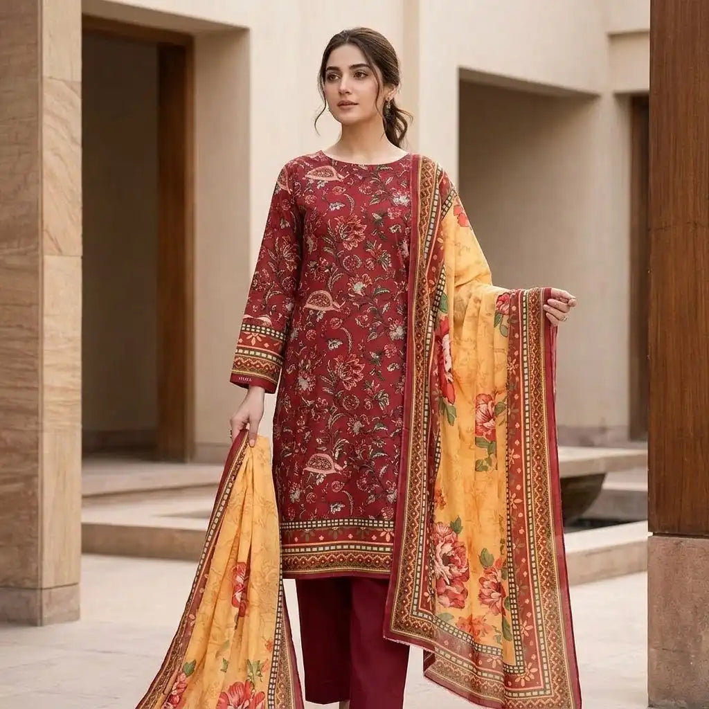 Maroon & Mustard Floral 3 Piece Unstitched Lawn Suit
