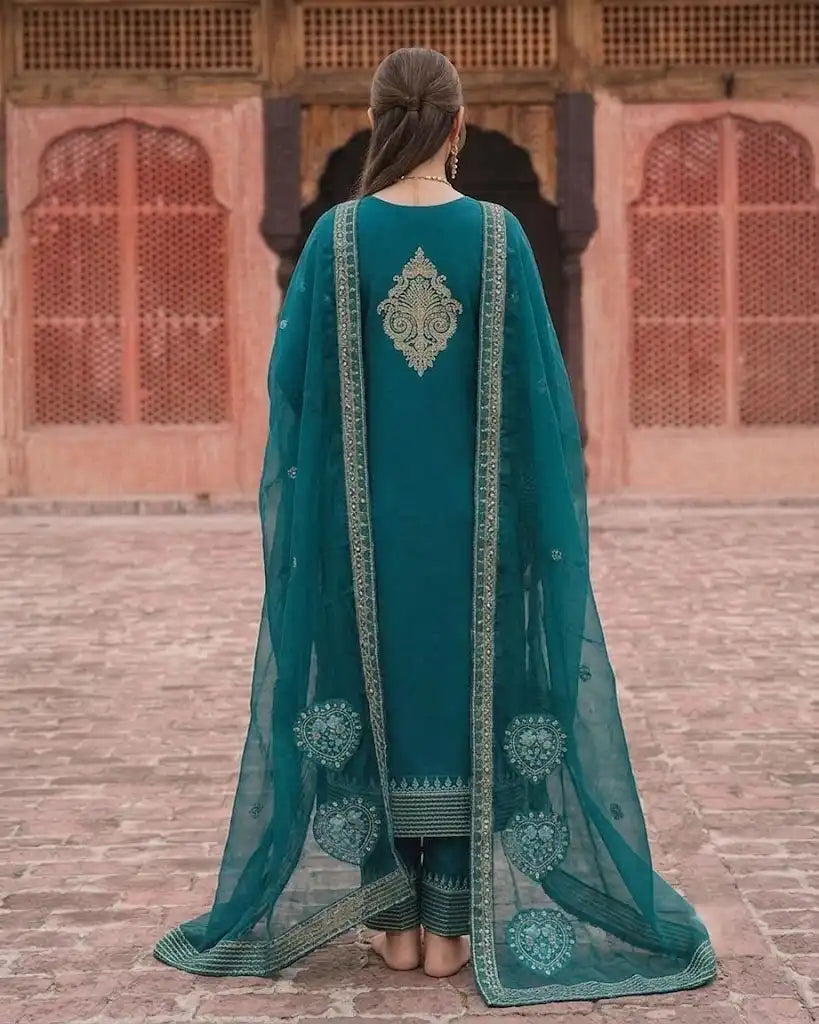 Dark Teal Green Embroidered 3-Piece Unstitched Lawn Suit with Printed Dupatta