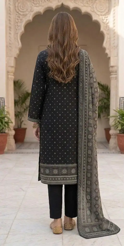 Classic Black Stitched 3 Piece Printed Lawn Suit