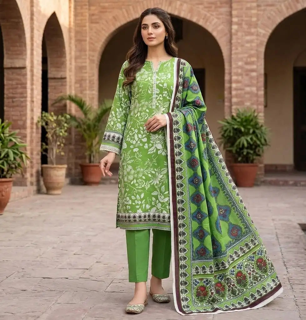 Vibrant Lime Green 3 Piece Unstitched Printed Lawn Suit