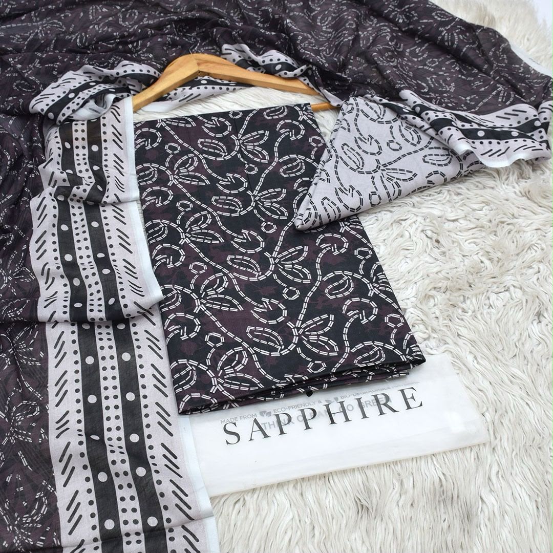 Premium Charcoal Black Unstitched 3 Piece Printed Lawn Suit
