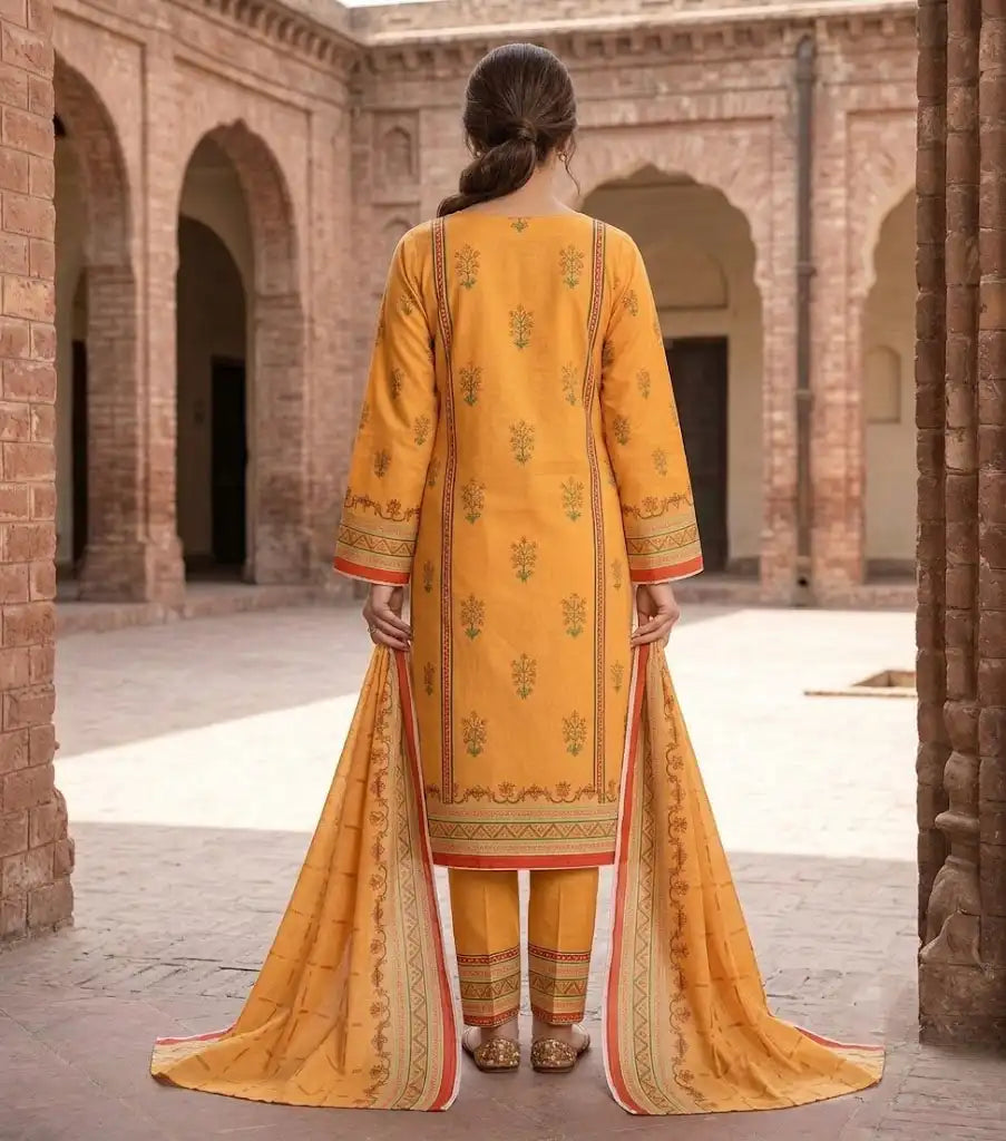 Sunny Yellow & Orange 3 Piece Unstitched Printed Lawn Suit