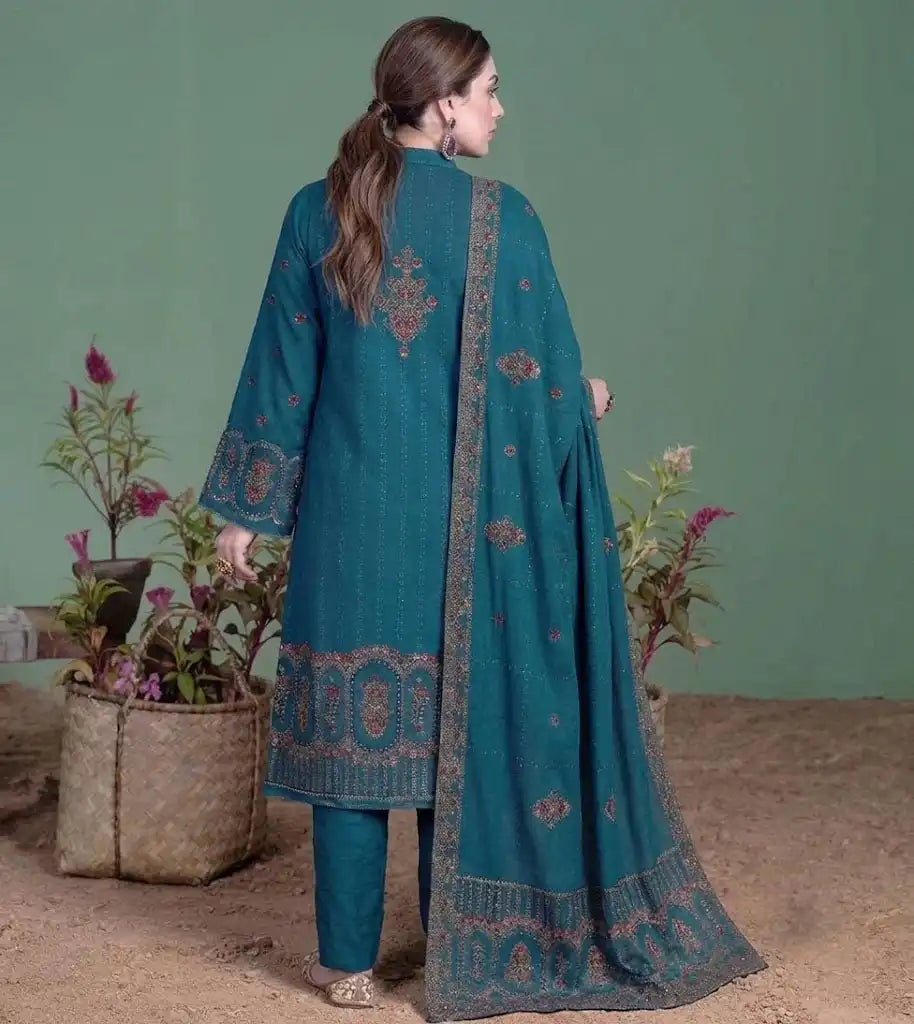 Classic Teal Green Embroidered 3-Piece Unstitched Lawn Suit with Printed Dupatta