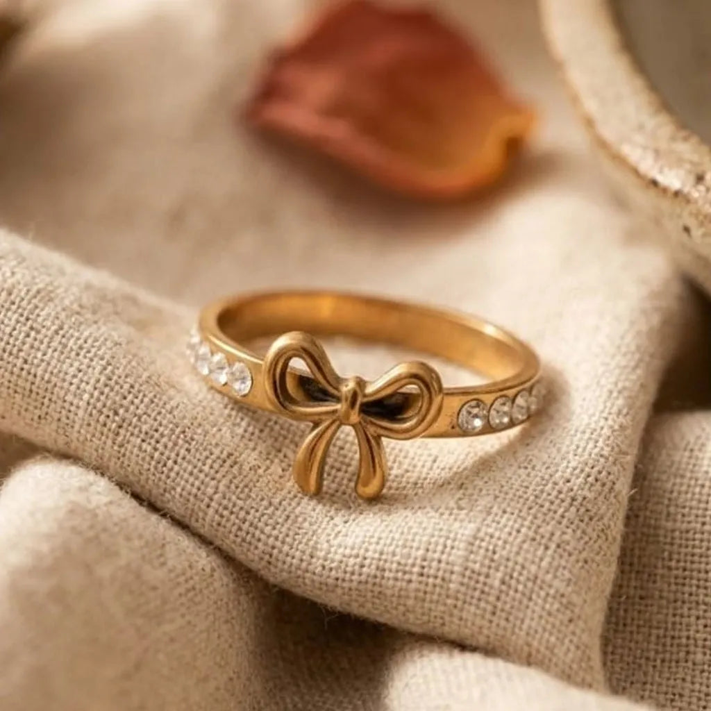 Elegant Crystal Bow Gold Ring for Women