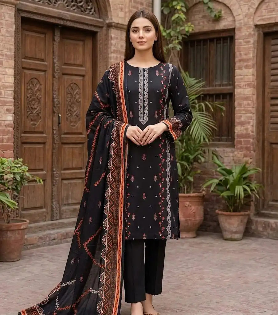 Midnight Black & Rust Embroidered 3 Piece Unstitched Lawn Suit