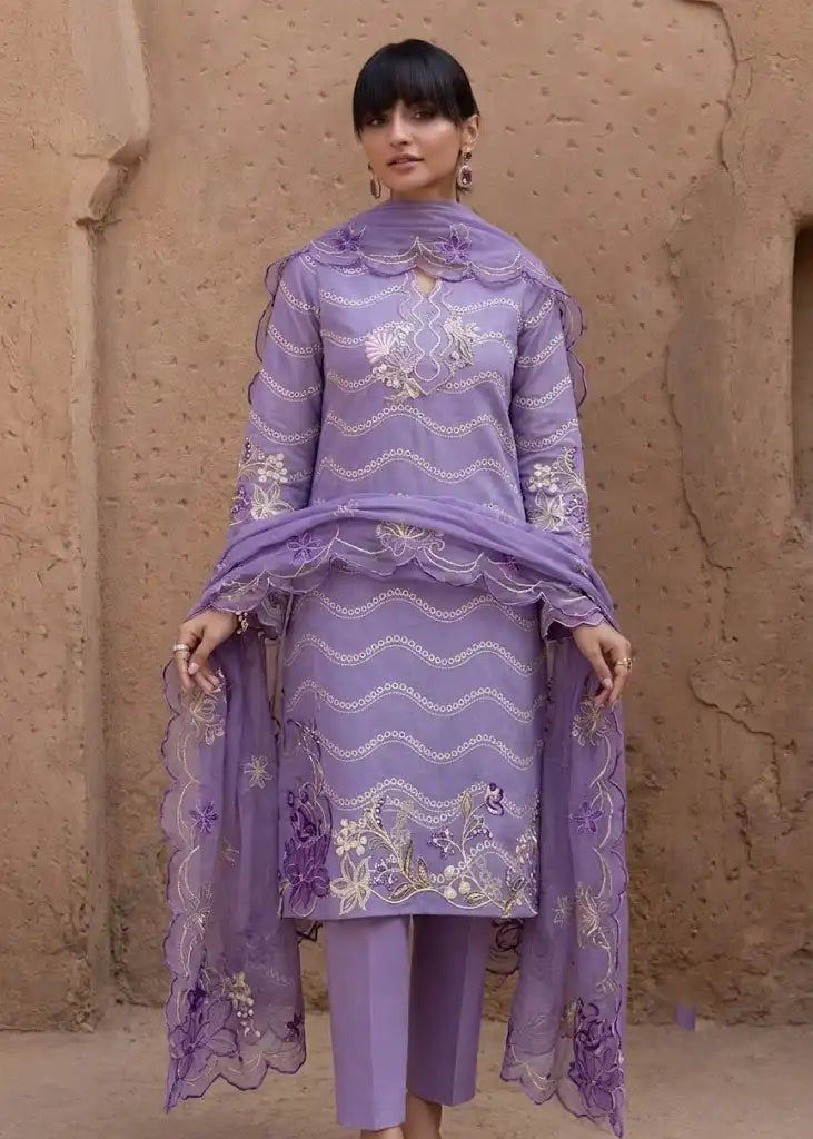 Soft Lavender Lilac Embroidered 3-Piece Unstitched Lawn Suit with Scalloped Dupatta