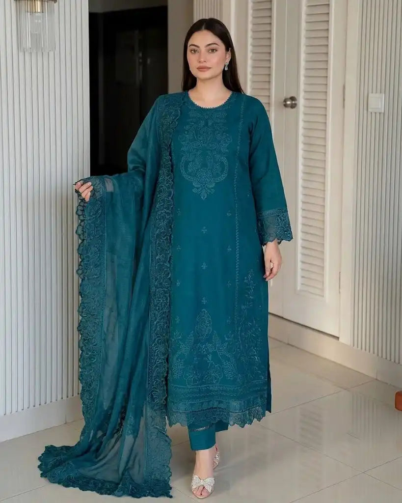 Peacock Teal Blue Embroidered 3-Piece Unstitched Lawn Suit with Elegant Dupatta