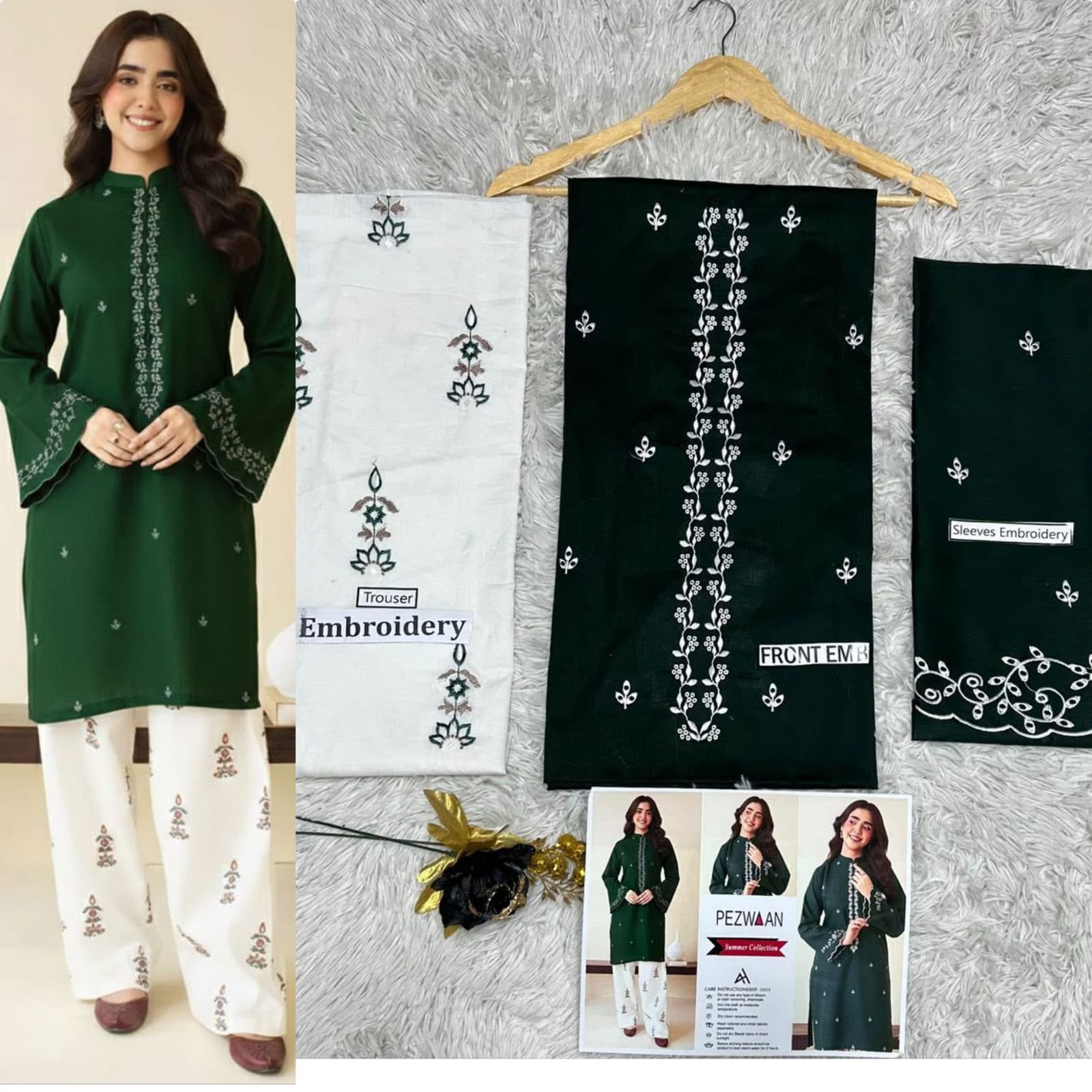 Green Shirt with Printed White Shalwar Unstitched 2-Piece Embroided Lawn Suit