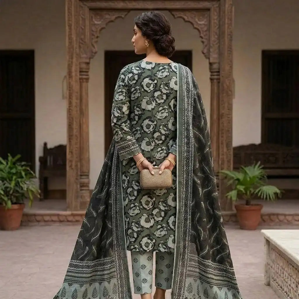 Elegant Green Unstitched 3 Piece Printed Lawn Suit