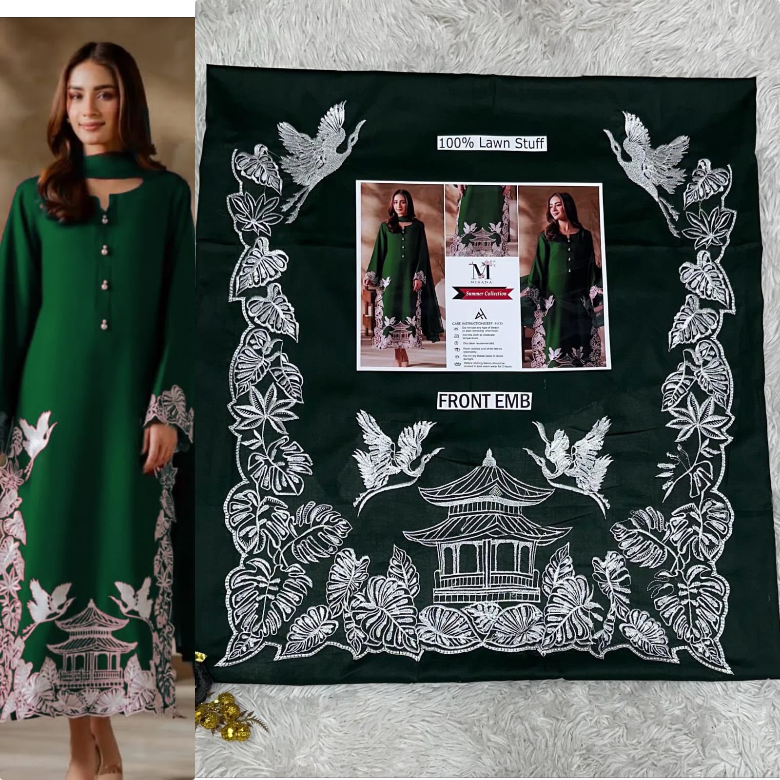 Bottle Green Pagoda/Crane Hem Embroidered Unstitched 2-Piece Lawn Suit with Border Work