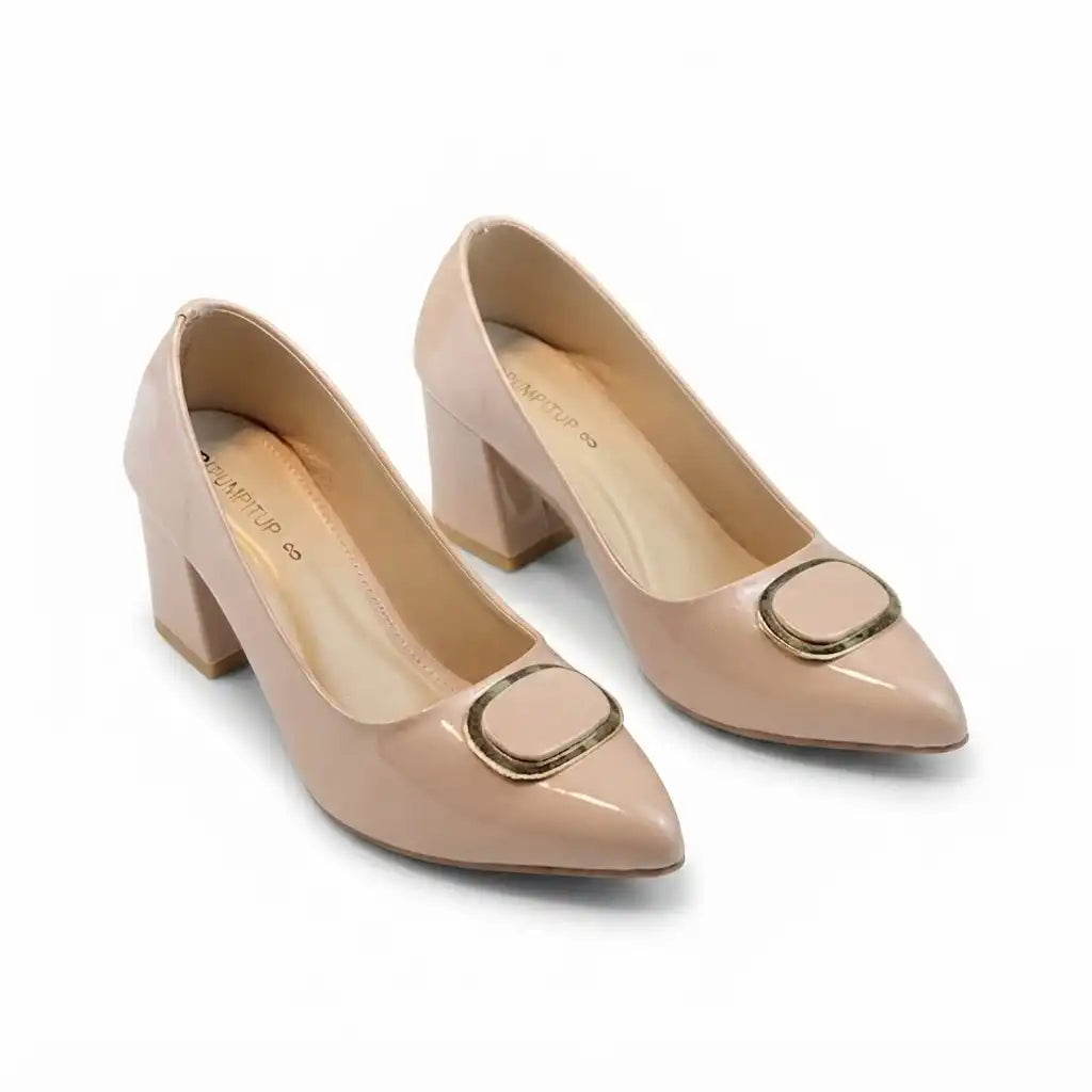 Nude Glossy Patent Pumps with Gold Accent Block Heels