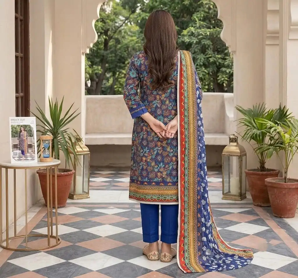 Premium Blue Unstitched 3 Piece Lawn Suit With Printed Dupatta