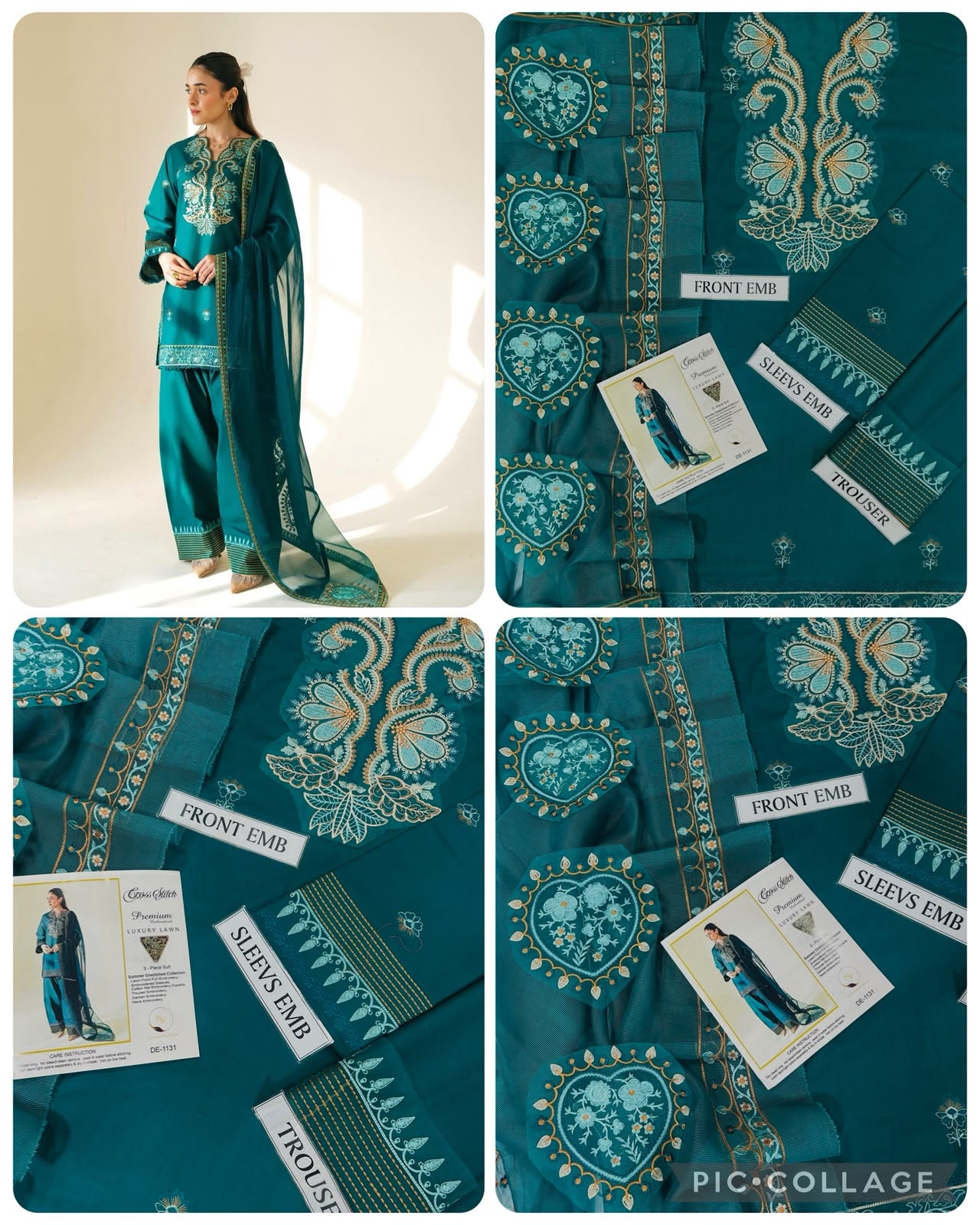 Dark Teal Green Embroidered 3-Piece Unstitched Lawn Suit with Printed Dupatta