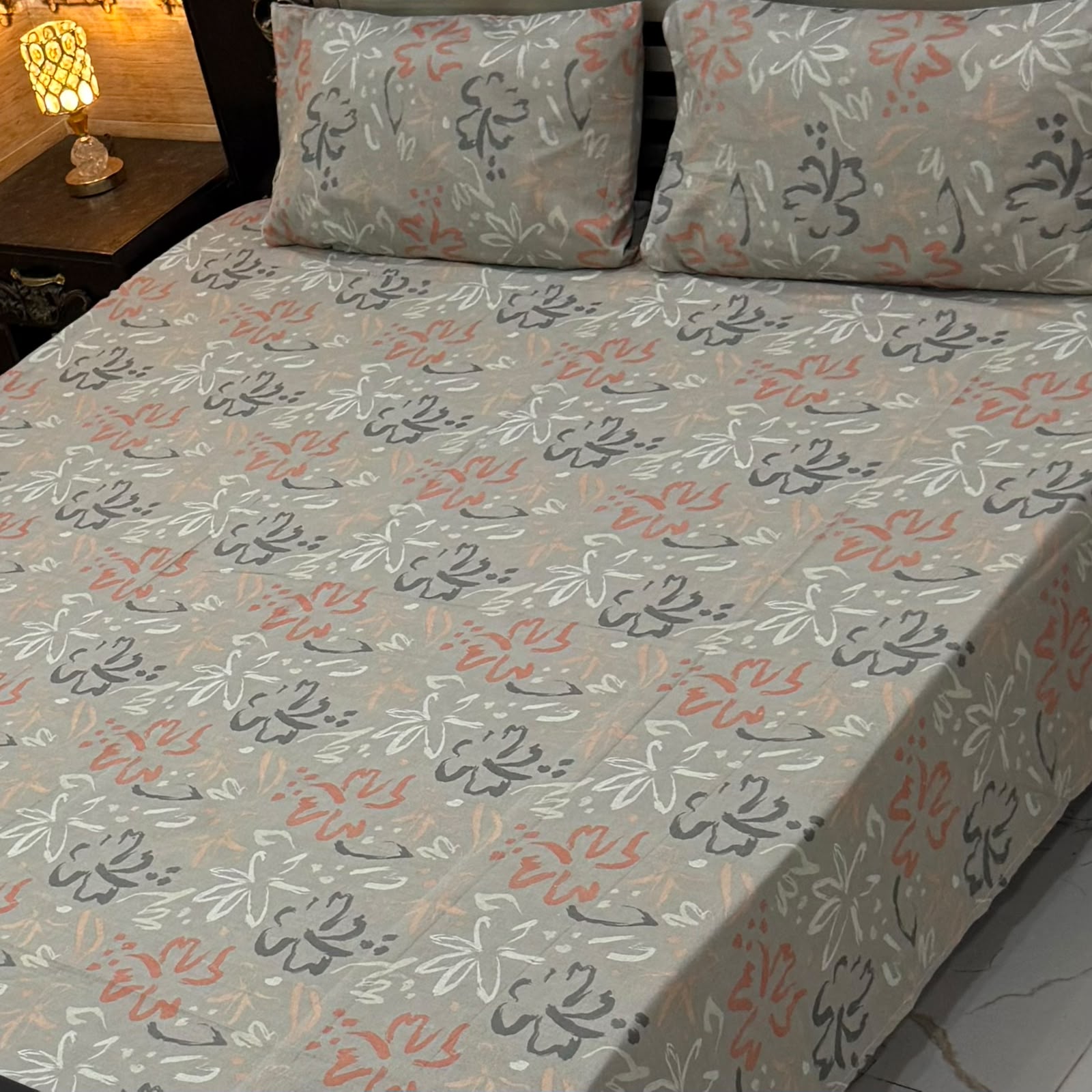 Grey & Peach Floral Print 3-Piece Fitted Bedsheet Set