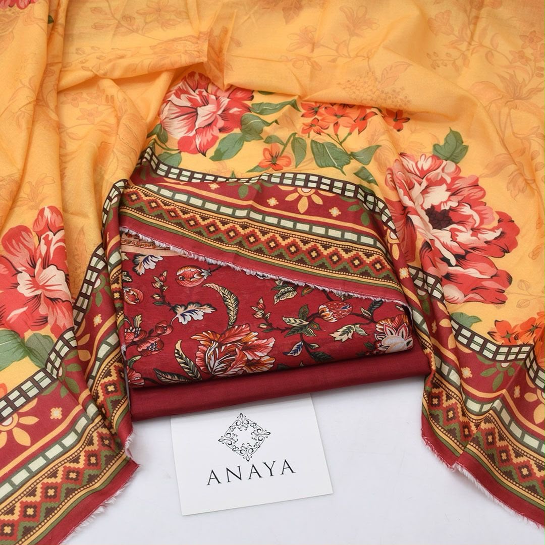 Maroon & Mustard Floral 3 Piece Unstitched Lawn Suit