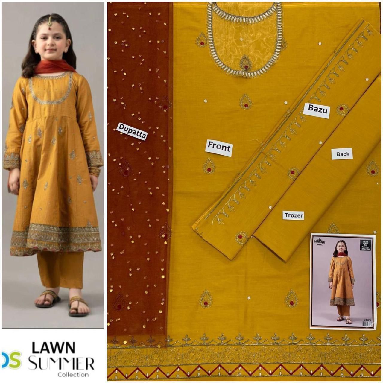 Kids Mustard Yellow Embroidered Lawn 3-Piece Suit