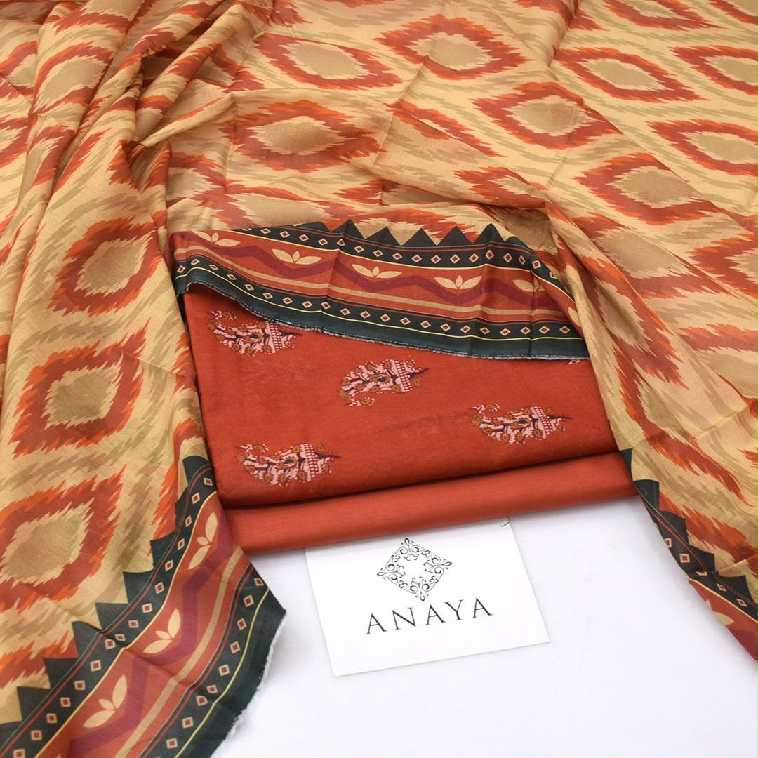 Terracotta & Peach Geometric 3 Piece Unstitched Lawn Suit