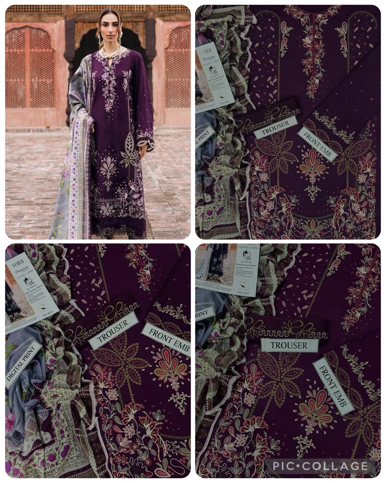 Deep Plum Purple Embroidered 3-Piece Unstitched Lawn Suit with Floral Dupatta