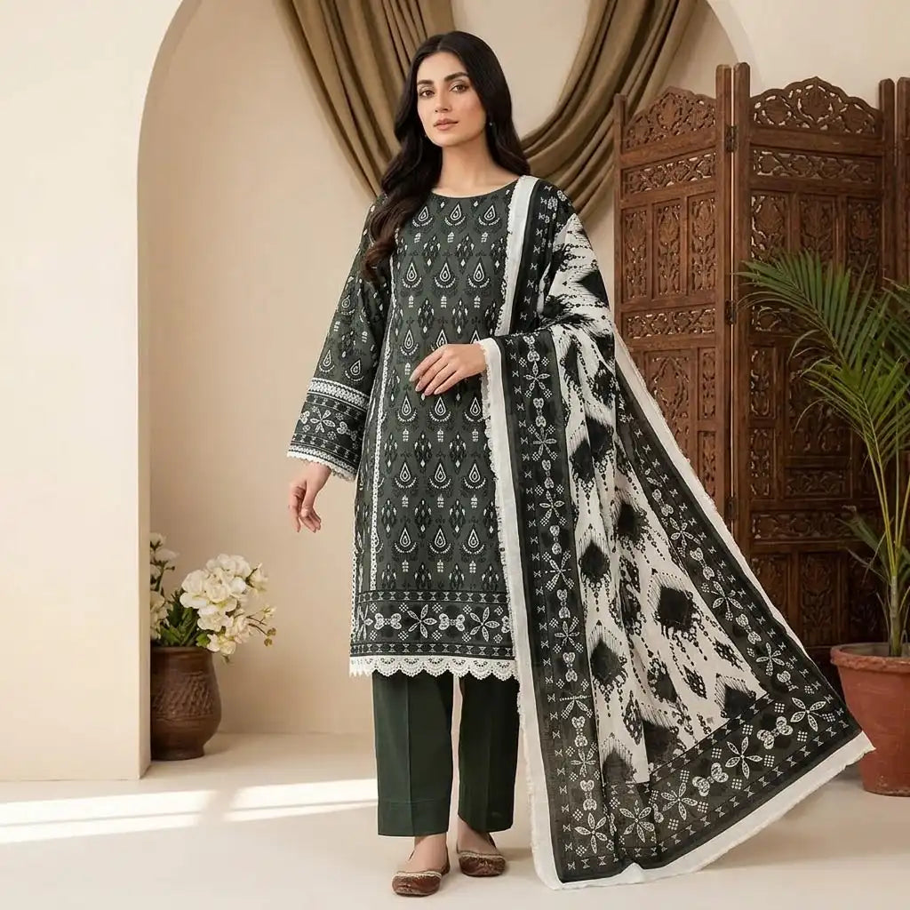 Classic Dark Green Unstitched 3 Piece Lawn Suit