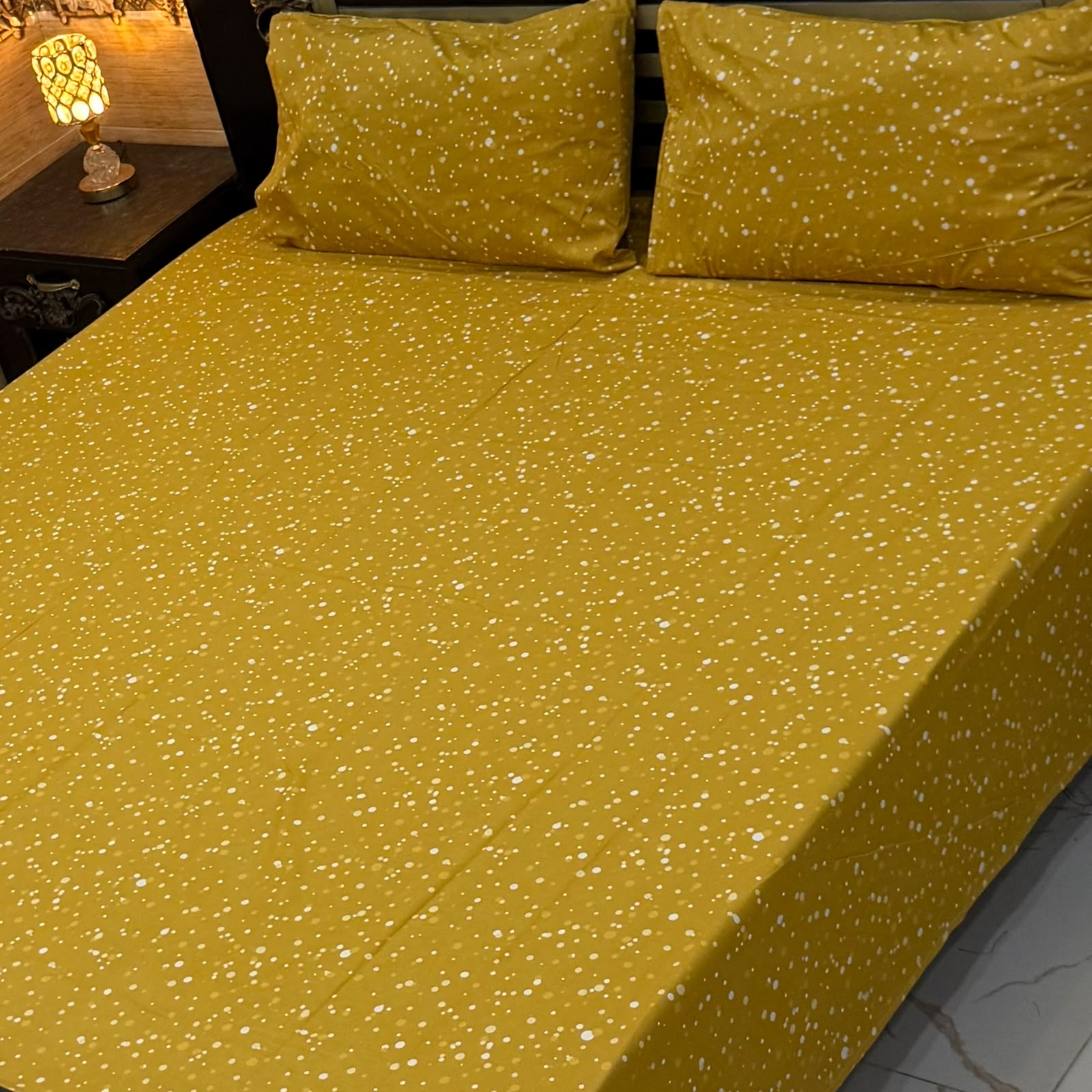 Bright Mustard Yellow Polka Dot 3-Piece Fitted Bedsheet Set