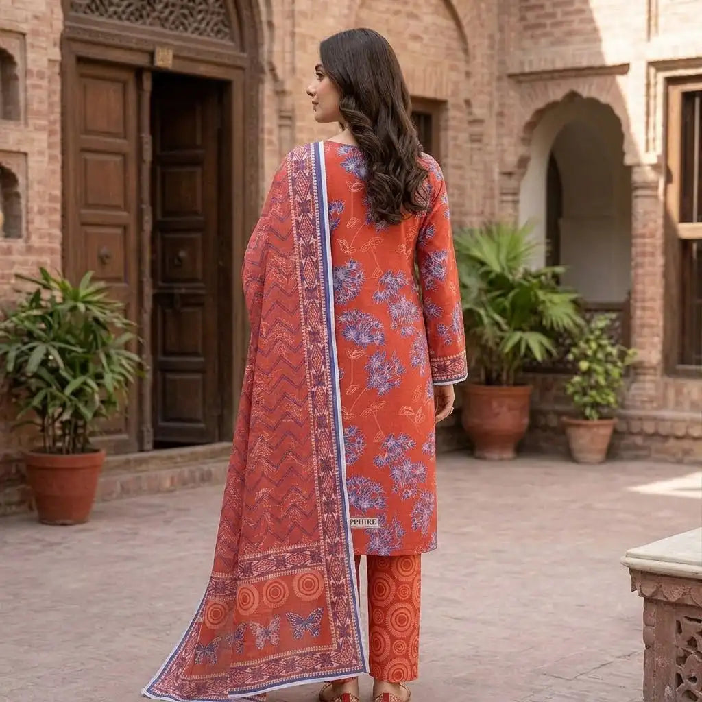 Royal Rust & Violet 3 Piece Unstitched Printed Lawn Suit