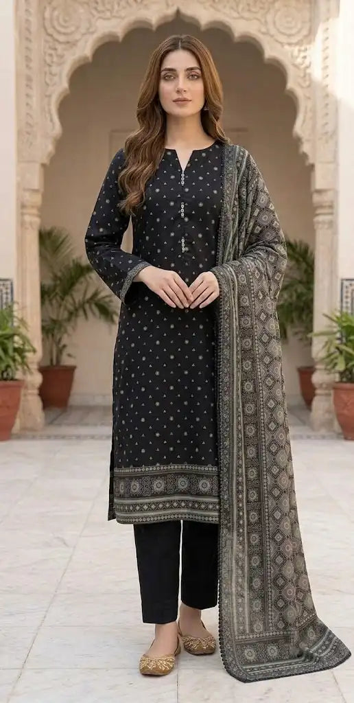 Classic Black Stitched 3 Piece Printed Lawn Suit