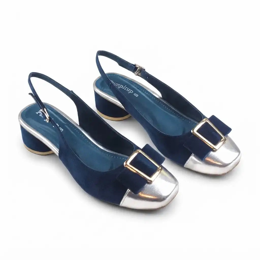 Blue Velvet Slingback Block Heels with Metallic Silver Toe