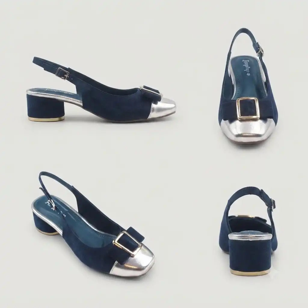 Blue Velvet Slingback Block Heels with Metallic Silver Toe