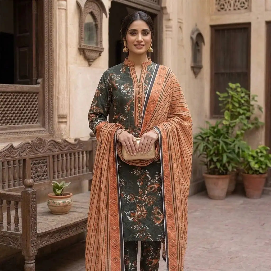 Modern Charcoal Unstitched 3 Piece Lawn Suit