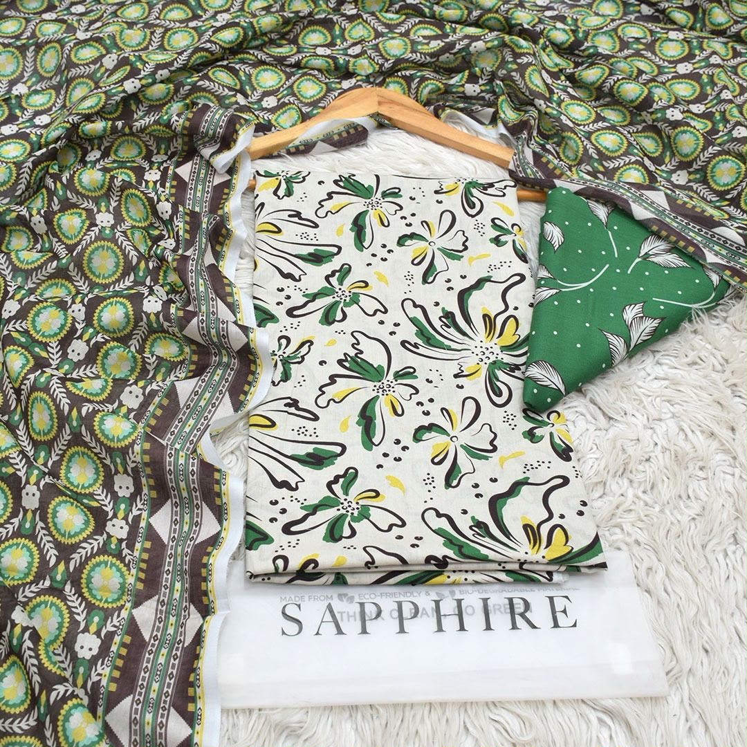 Olive Green & Cream Botanical 3 Piece Unstitched Lawn Suit