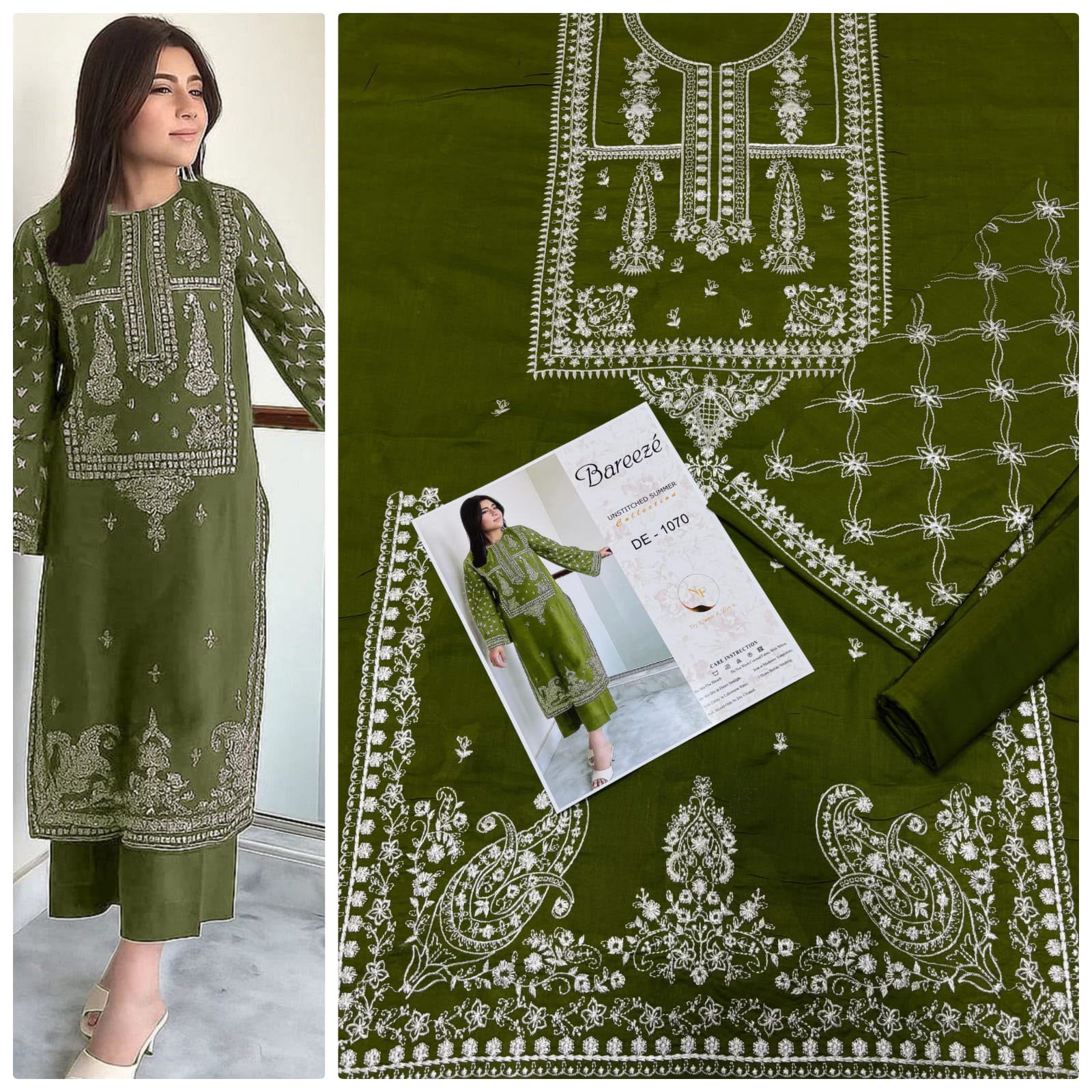 Olive Green Paisley Design Unstitched 2-Piece Embroided Lawn Suit
