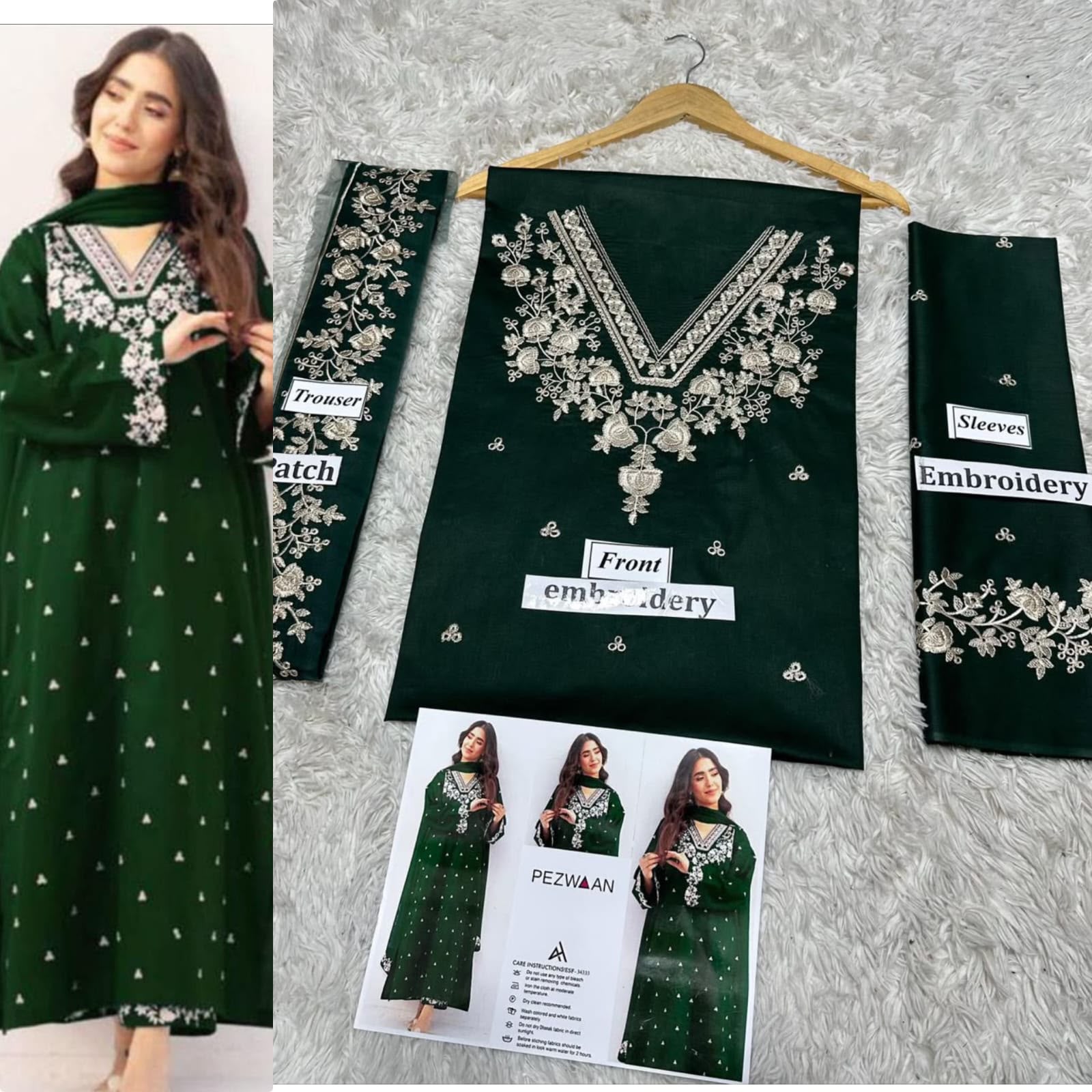 Dark Green V-Neck Embroidered August Special Unstitched 2-Piece Lawn Suit