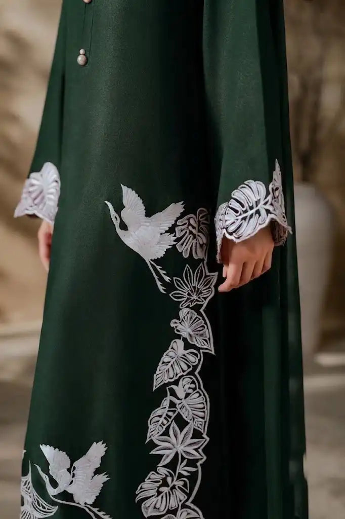 Bottle Green Pagoda/Crane Hem Embroidered Unstitched 2-Piece Lawn Suit with Border Work
