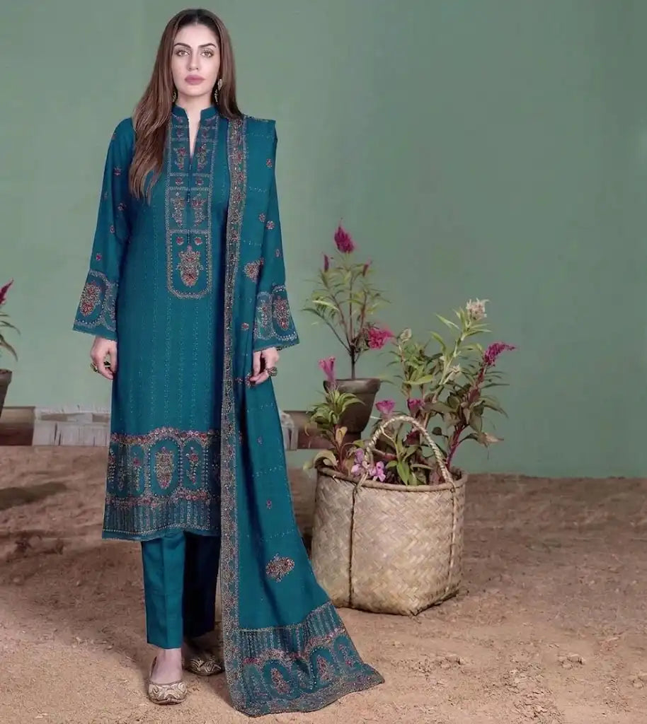 Classic Teal Green Embroidered 3-Piece Unstitched Lawn Suit with Printed Dupatta