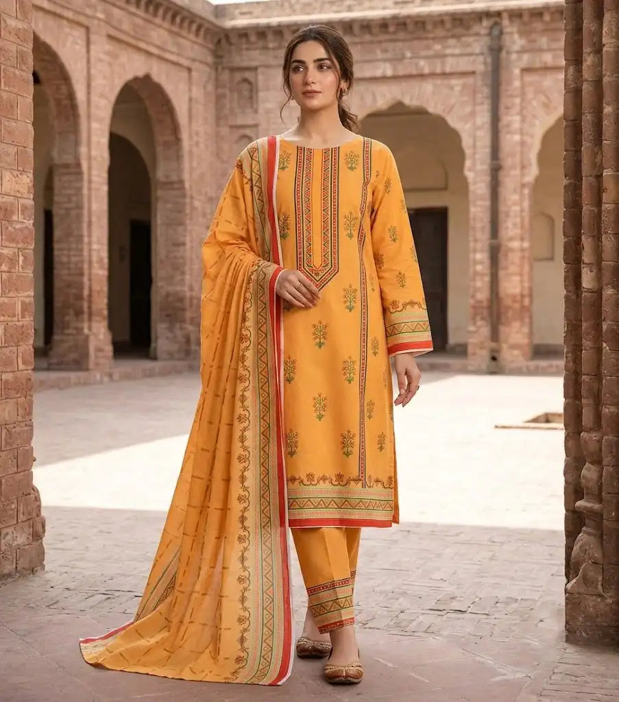 Sunny Yellow & Orange 3 Piece Unstitched Printed Lawn Suit