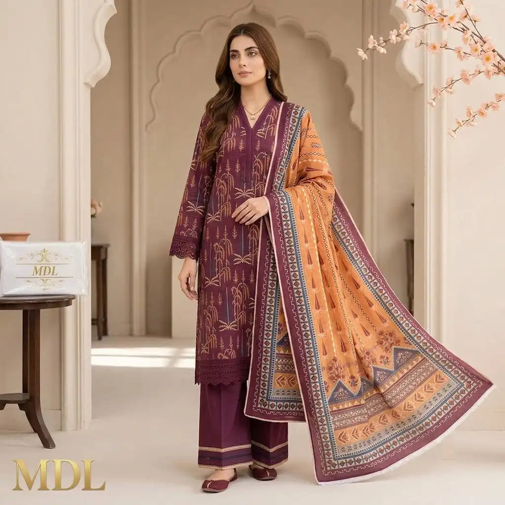 Exquisite Plum Unstitched 3 Piece Lawn Suit