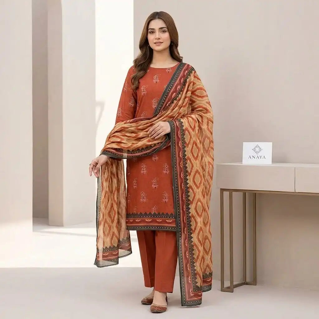 Terracotta & Peach Geometric 3 Piece Unstitched Lawn Suit