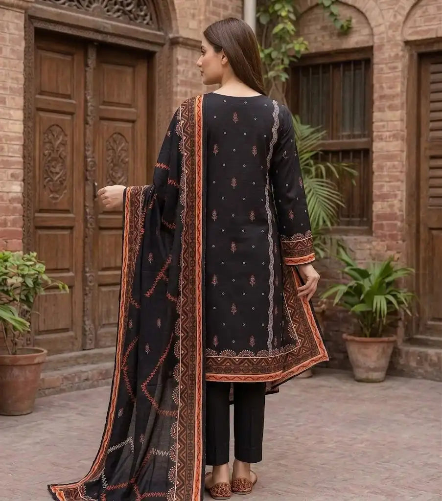 Midnight Black & Rust Embroidered 3 Piece Unstitched Lawn Suit