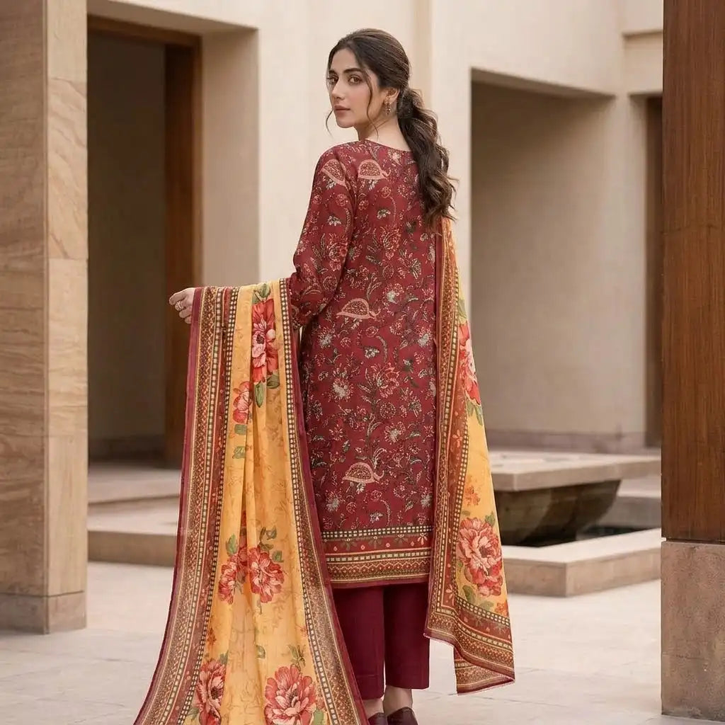 Maroon & Mustard Floral 3 Piece Unstitched Lawn Suit