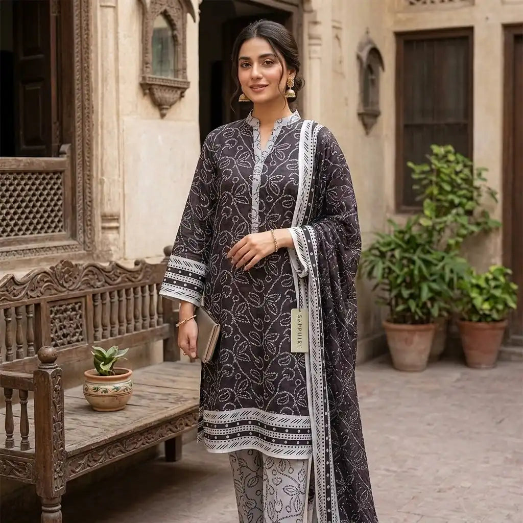 Premium Charcoal Black Unstitched 3 Piece Printed Lawn Suit