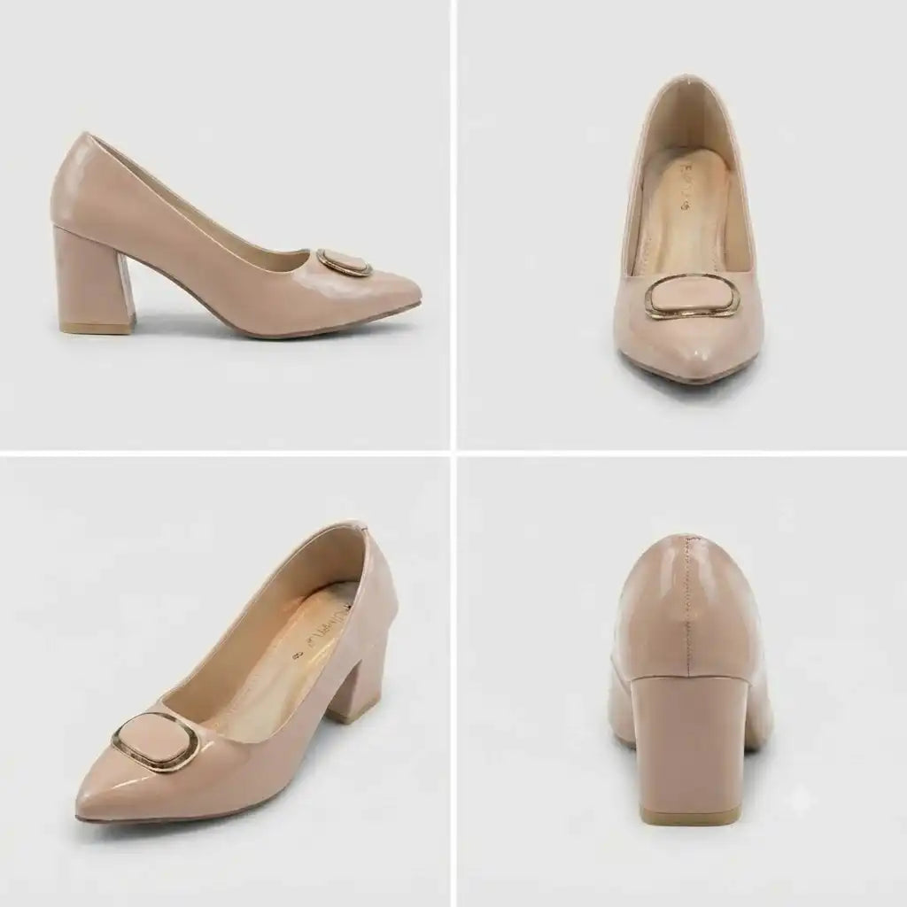 Nude Glossy Patent Pumps with Gold Accent Block Heels