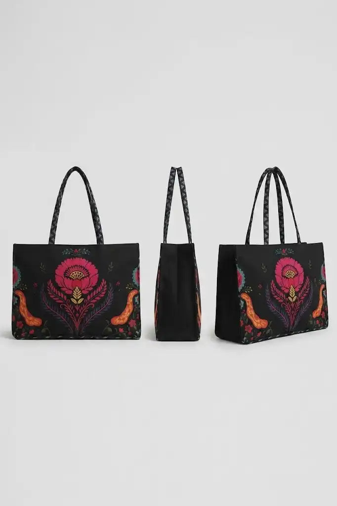 Vibrant Black Floral Embroidered Cultural Tote Bag