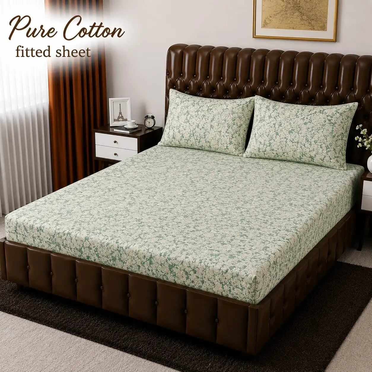Fresh Mint Green Abstract Floral 3-Piece Pure Cotton Fitted Bedsheet Set