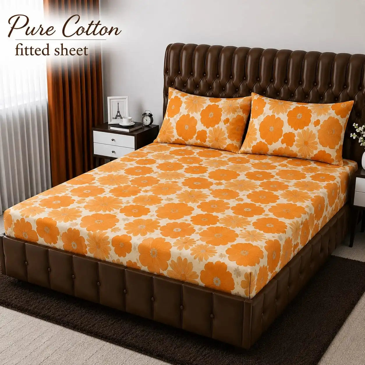 Vibrant Orange & Cream Floral 3-Piece Pure Cotton Fitted Bedsheet Set