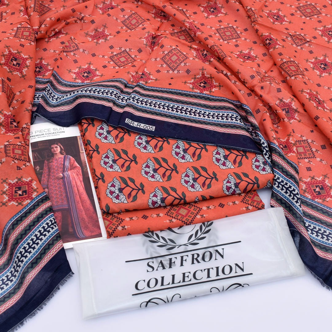 Chic Peach Unstitched 3 Piece Lawn Suit With Dupatta