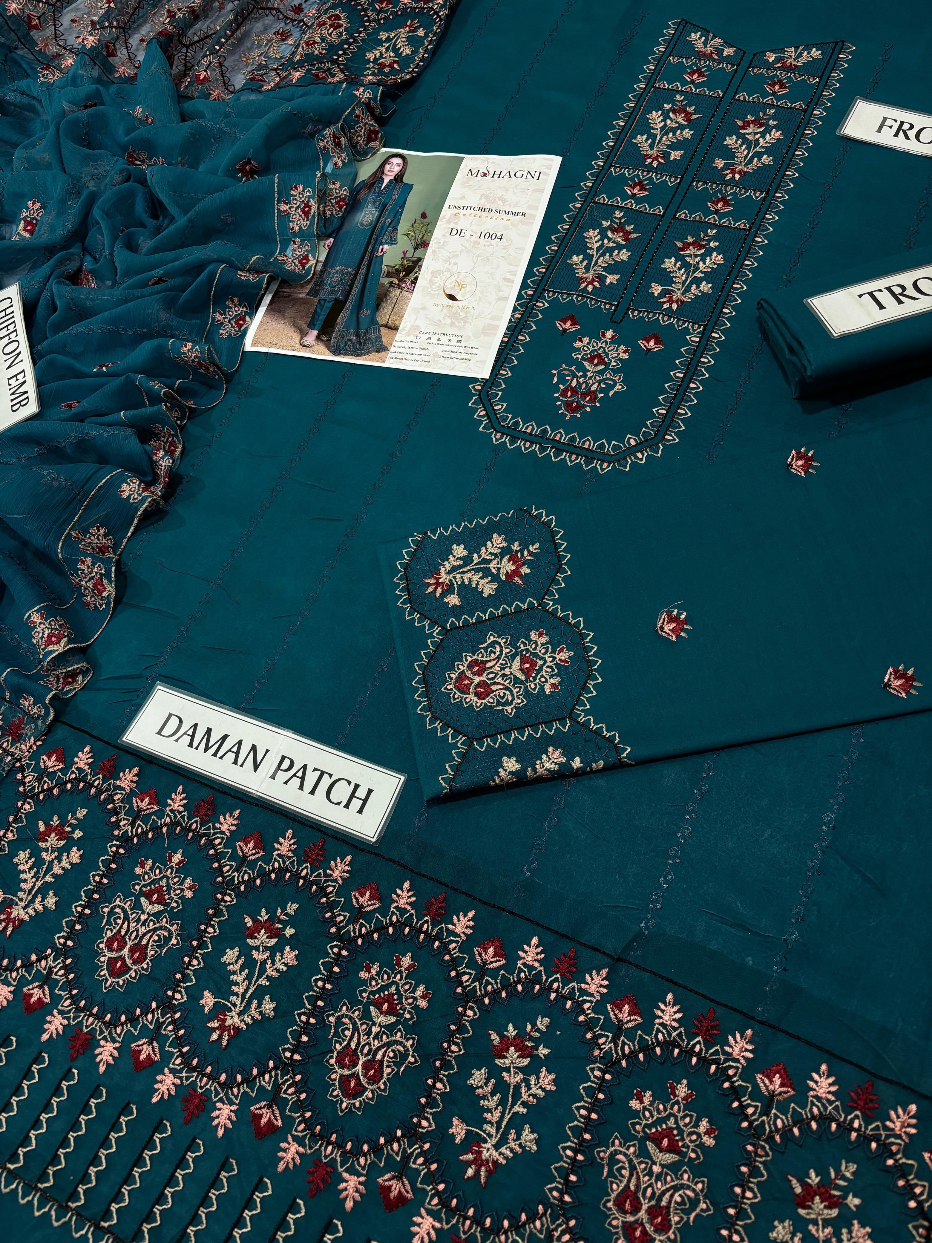 Classic Teal Green Embroidered 3-Piece Unstitched Lawn Suit with Printed Dupatta