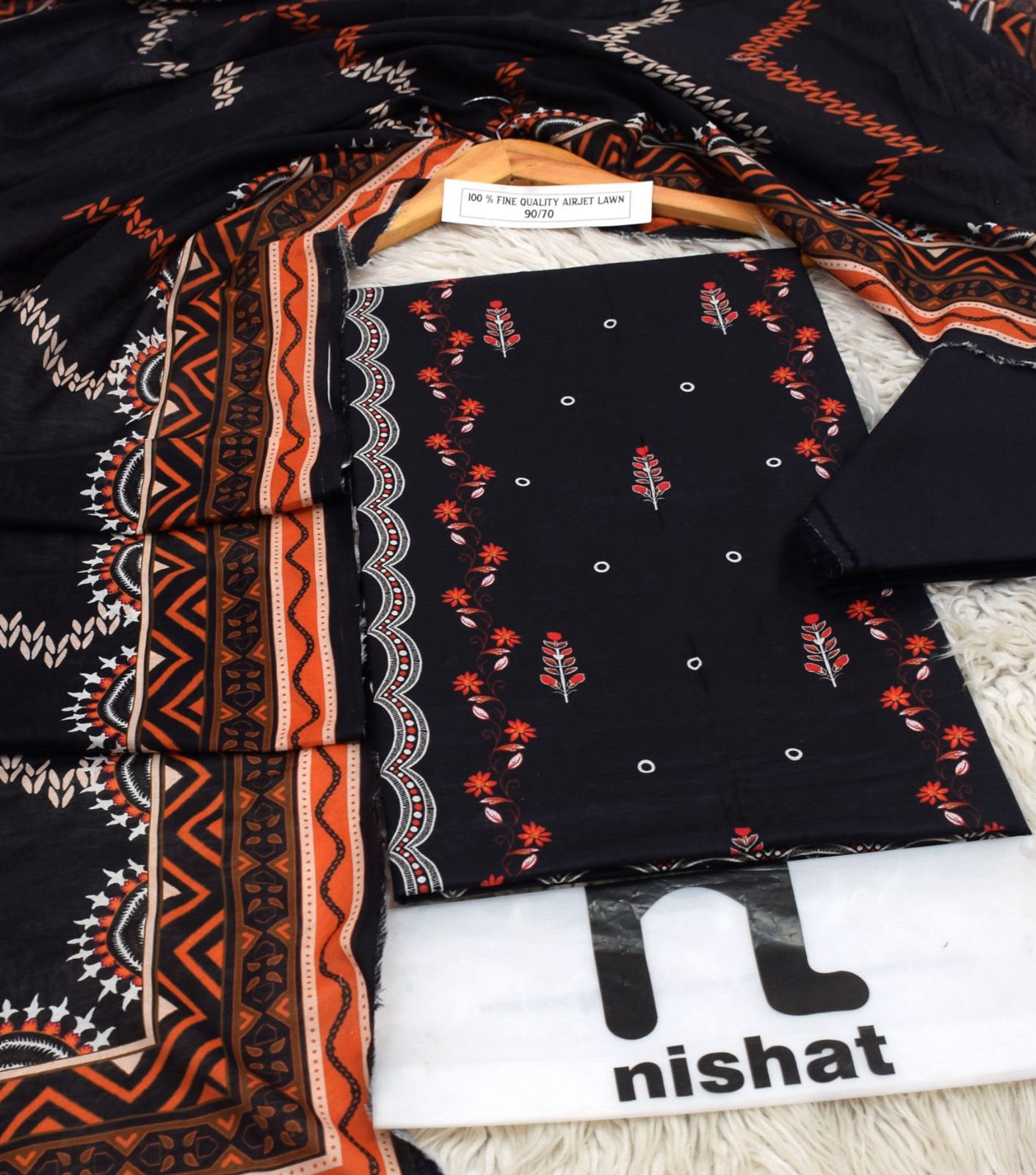 Midnight Black & Rust Embroidered 3 Piece Unstitched Lawn Suit