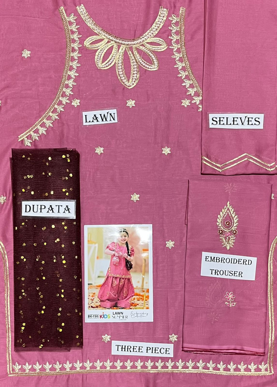 Kids Pink & Maroon Embroidered 3-Piece Lawn Suit