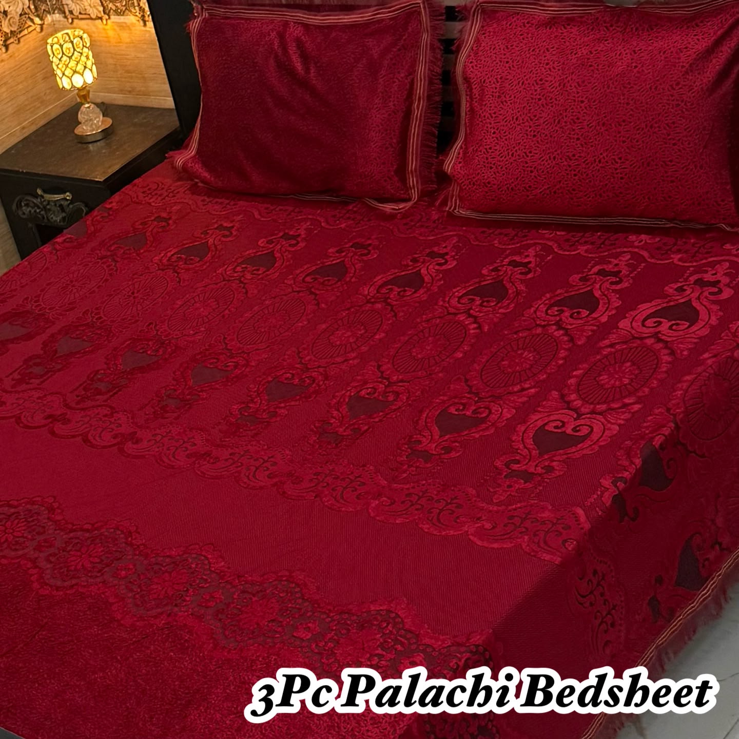 Luxurious Deep Red Palachi 3-Piece Bridal Bedsheet Set