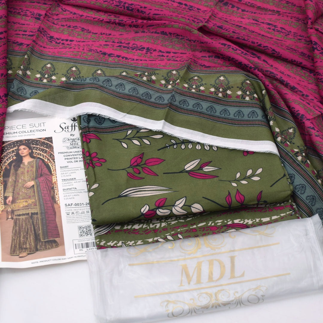 Stylish Olive Green Unstitched 3 Piece Lawn Suit